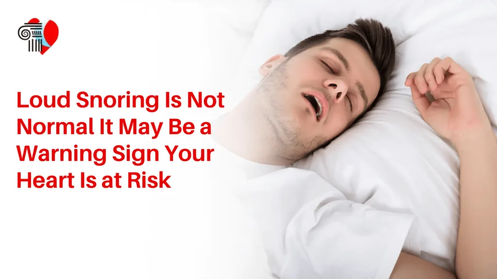 A man sleeping on his back with his mouth open, snoring loudly, representing sleep apnea and heart health risks.