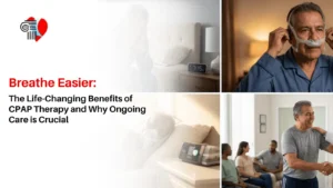 Blog title graphic for 'Breathe Easier: The Life-Changing Benefits of CPAP Therapy' showing a man transitioning from poor sleep to using a CPAP machine and visiting a health clinic.