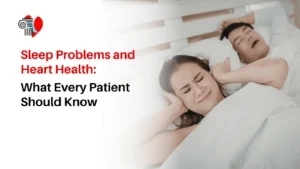 A woman covering her ears in bed while a man snores next to her, featured alongside the text Sleep Problems and Heart Health.