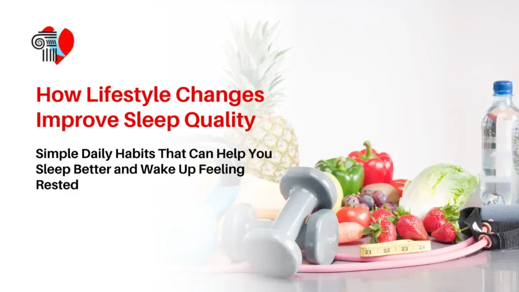 Healthy fruits, vegetables, dumbbells, and water bottle illustrating lifestyle changes to improve sleep quality.