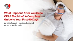 A modern CPAP machine with a mask resting on a nightstand next to a sleeping individual in a comfortable bedroom setup.